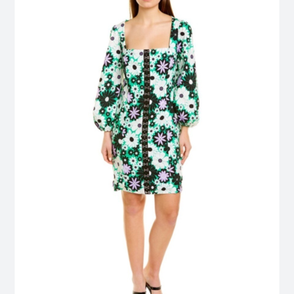 ALEXIA ADMOR Sammie Sheath Floral Corset Clasp Long Sleeve Square Neck Dress